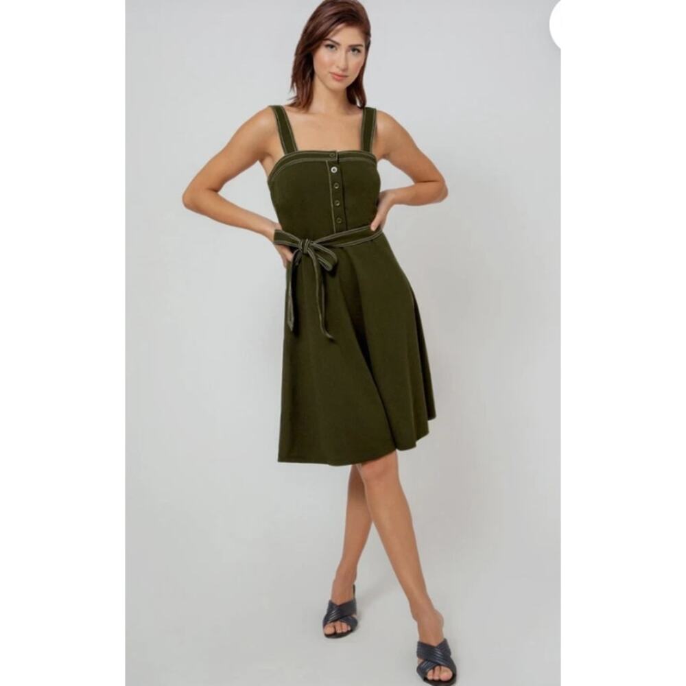 Green Midi Jumper Dress Large Square Neck Minimalist Brunch Weekend‎ Academia